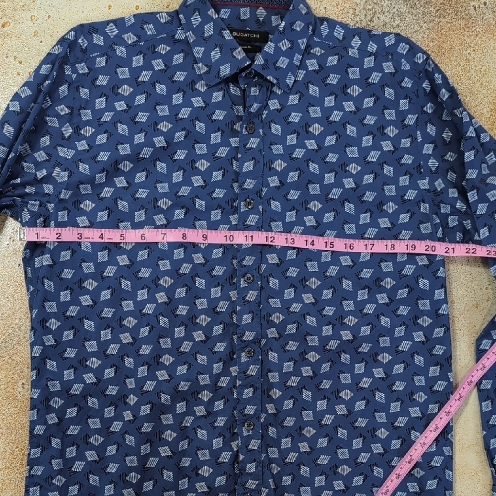 Bugatchi Cotton Blue White Geometric Patterned Button Down Dress Shirt Size M - Picture 8 of 13